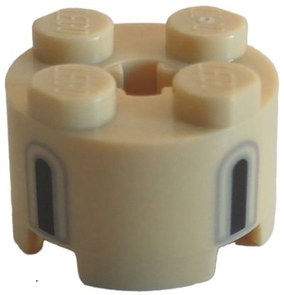 LEGO part Brick, Round 2 x 2 with Axle Hole with 2 Black and Light Bluish Gray Castle Windows Pattern (3941pb56)