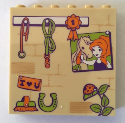 LEGO part Panel 1 x 6 x 5 with Stable Wall with Ladybug, Lead Ropes, Brush, Horseshoe, Picture, and Ribbon Pattern (59349pb152)