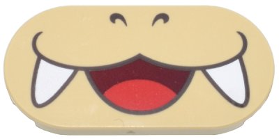 LEGO part Tile, Round 2 x 4 Oval with Dark Brown Nostrils and Dark Red Open Mouth Smile with Red Tongue and White Fangs Pattern (Super Mario Larry Lower Face) (66857pb003)