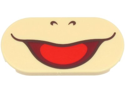 LEGO part Tile, Round 2 x 4 Oval with Dark Brown Nostrils and Wide Open Mouth Smile with Red Tongue Pattern (Super Mario Lemmy Lower Face) (66857pb034)