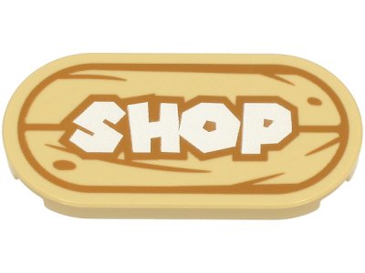 LEGO part Tile, Round 2 x 4 Oval with White 'SHOP' Sign with Medium Nougat Wood Grain Pattern (66857pb055)