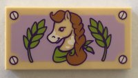 LEGO part Tile 2 x 4 with Horse with Braided Mane, Green Leaves, and Lavender Background Pattern 87079pb0544