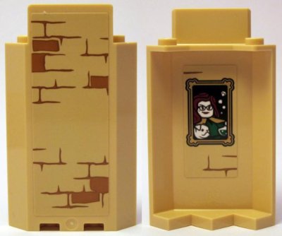 LEGO part Panel 3 x 3 x 6 Corner Wall without Bottom Indentations with Bricks Type 2 Outside and Portrait of Woman and Dog Inside Pattern (Stickers) - Set 75953 (87421pb048)