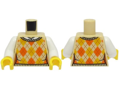 LEGO part Torso Female Knit Argyle Sweater Vest with Bright Light Orange and Orange Diamonds over White Shirt Pattern / White Arms / Yellow Hands (973pb4858c01)