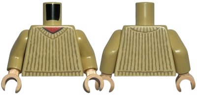 LEGO part Torso V-Neck Sweater with Dark Tan Vertical Stripes over Red Shirt Pattern / Tan Arms / Light Nougat Hands (973pb5595c01)