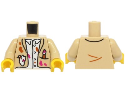 LEGO part Torso Jacket Open with Paint Brush and Rag in Pockets, White Shirt, Magenta and Dark Orange Splotches Pattern (BAM) / Tan Arms / Yellow Hands (973pb6013c01)
