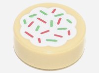 LEGO part Tile, Round 1 x 1 with Cookie with White Frosting and Red and Green Sprinkles Pattern 98138pb256