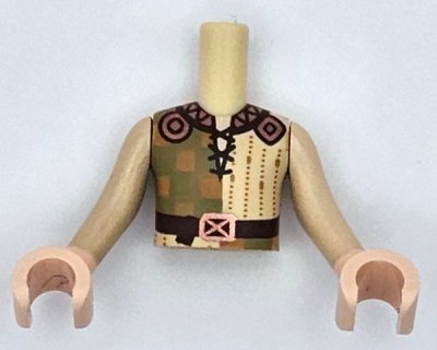 LEGO part Torso Mini Doll Boy Tan and Olive Green Tunic with Medium Nougat Squares, Dark Brown Belt with Copper Buckle, Ornate Collar Pattern, Light Nougat Arms and Hands with Tan Long Sleeves (FTBpb105c01)