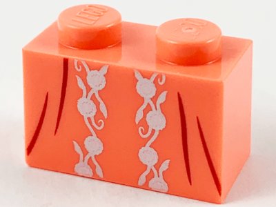 LEGO part Brick 1 x 2 with Silver Flower Filigree and Dark Brown Dress Gather Lines Pattern (3004pb209)