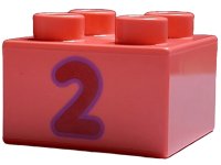 LEGO part Duplo, Brick 2 x 2 with Red Number 2 with Dark Pink Outline Pattern 3437pb101