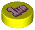 LEGO onderdeel Tile, Round 1 x 1 with White Sparkles and  '1UP' with Bright Pink, Dark Pink, and Magenta Outline Pattern 98138pb287