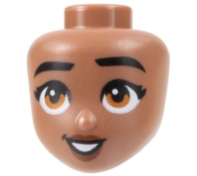 LEGO part Mini Doll, Head Friends with Black Eyebrows and Eyelashes, Dark Orange Eyes, Reddish Brown Lips, and Open Mouth Smile with Teeth Pattern (101262)