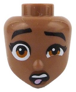 LEGO part Mini Doll, Head Friends with Black Eyebrows Raised and Eyelashes, Dark Orange Eyes, Reddish Brown Lips, Open Mouth with Upper Teeth and Bright Pink Tongue Pattern (110363)