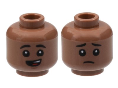 LEGO part Minifigure, Head Dual Sided Child Black Eyebrows, Lopsided Open Mouth Smile with Top Teeth and Red Tongue / Sad Pattern - Hollow Stud (3626pb2993)