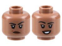 LEGO part Minifigure, Head Dual Sided Female Black Eyebrows, Reddish Brown Lips, Frown with Raised Eyebrow Left / Open Mouth Smile Pattern - Hollow Stud 3626pb3168