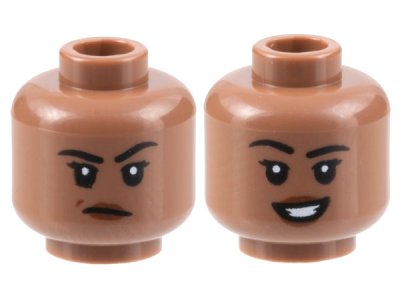 LEGO part Minifigure, Head Dual Sided Female Black Eyebrows, Reddish Brown Lips, Frown with Raised Eyebrow Left / Open Mouth Smile Pattern - Hollow Stud (3626pb3168)