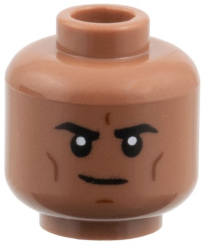 LEGO part Minifigure, Head Black Eyebrows, Reddish Brown Cheek Lines and Chin Dimple, Slight Grin Pattern (3626pb3949)
