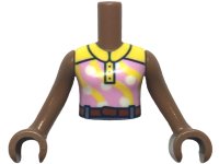 LEGO part Torso Mini Doll Girl Bright Pink Sleeveless Top with White Polka Dots, Yellow Collar and Stripes, Reddish Brown Belt Pattern, Medium Brown Arms with Hands FTGpb423c01