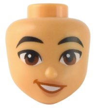LEGO part Mini Doll, Head Friends with Black Eyebrows, Reddish Brown Eyes, Nougat Lips, and Dark Orange Lopsided Open Mouth Smile with Teeth Pattern 101186