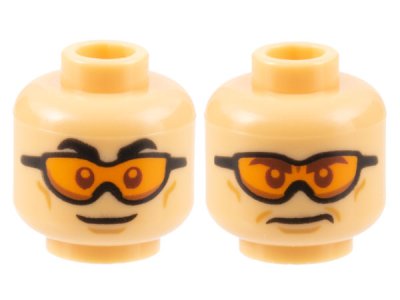 LEGO part Minifigure, Head Dual Sided Black Eyebrows, Cheek Lines, Chin Dimple, Orange Goggles, Grin / Frown Pattern - Hollow Stud (3626pb3150)