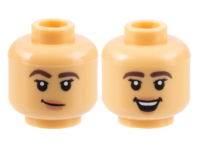 LEGO part Minifigure, Head Dual Sided Female Dark Brown Eyebrows Thick, Black Eyelashes, Nougat Lips, Lopsided Grin / Open Mouth Smile with Top Teeth Pattern - Hollow Stud (3626pb3171)