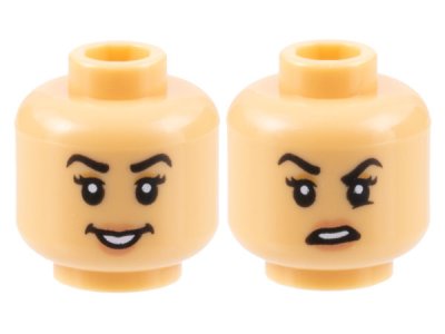 LEGO part Minifigure, Head Dual Sided Female Black Eyebrows, Nougat Eye Shadow and Lips, Open Smile / Disgust with Raised Eyebrow Right Pattern - Hollow Stud (3626pb3172)