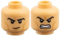 LEGO part Minifigure, Head Dual Sided, Black Eyebrows, Medium Nougat Cheek Lines and Chin Dimple, Raised Eyebrow Right / Fierce Open Mouth Scowl with Teeth Pattern 3626pb3951