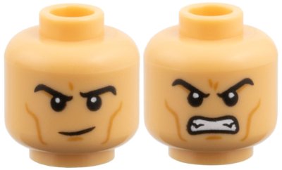 LEGO part Minifigure, Head Dual Sided, Black Eyebrows, Medium Nougat Cheek Lines and Chin Dimple, Raised Eyebrow Right / Fierce Open Mouth Scowl with Teeth Pattern (3626pb3951)