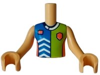 LEGO onderdeel Torso Mini Doll Girl Blue, Lime, and Coral Sports Uniform Shirt with White Chevrons and Collar, Dark Blue Number 2 on Back Pattern, Medium Tan Arms with Hands FTGpb432c01