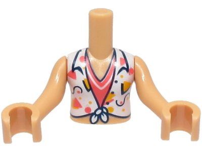 LEGO part Torso Mini Doll Girl White Knotted Blouse with Dark Blue, Coral and Bright Light Orange Lines and Shapes over Shirt Pattern, Medium Tan Arms with Hands (FTGpb438c01)