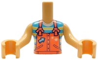 LEGO onderdeel Torso Mini Doll Girl Coral Overalls with Pockets, Stars and Arrow over Medium Azure Top with White and Yellow Stripes Pattern, Medium Tan Arms with Hands FTGpb513c01