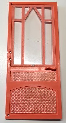 LEGO part Scala Door 10 x 1 x 18 2/3 Mullioned with Fixed Trans-Clear Glass - Hinges with Lattice Panel Pattern on Both Sides (Stickers) - Set 3119 (6896bc01pb03)