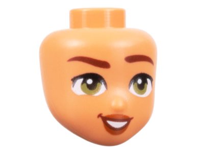 LEGO part Mini Muñeca, Cabeza Friends con Cejas Marrón Rojizo Levantadas, Ojos Verde Oliva, Labios Naranja Oscuro y Patrón de Sonrisa Abierta Ladeada con Dientes (101225)