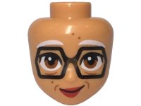 LEGO part Mini Doll, Head Friends with White Eyebrows, Large Black Hexagon Glasses, Dark Orange Eyes, Dots and Wrinkles, Red Lips, Lopsided Grin Pattern 107625