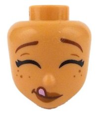 LEGO part Mini Doll, Head Friends with Reddish Brown Eyebrows Raised, Black Eyelashes, Closed Eyes, Dark Orange Lips and Freckles, Bright Pink Tongue Pattern 110361