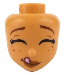 LEGO part Mini Doll, Head Friends with Reddish Brown Eyebrows Raised, Black Eyelashes, Closed Eyes, Dark Orange Lips and Freckles, Bright Pink Tongue Pattern (110361)