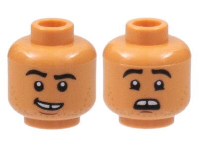 LEGO part Minifigure, Head Dual Sided, Black Eyebrows, Gap in Teeth, Stubble, Lopsided Smile / Scared Pattern - Hollow Stud (3626pb3025)