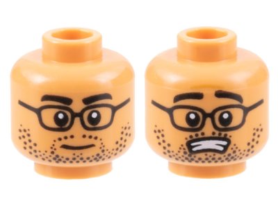 LEGO part Minifigure, Head Dual Sided Black Eyebrows, Glasses, and Stubble, Neutral / Scared with Open Mouth Pattern - Hollow Stud (3626pb3159)