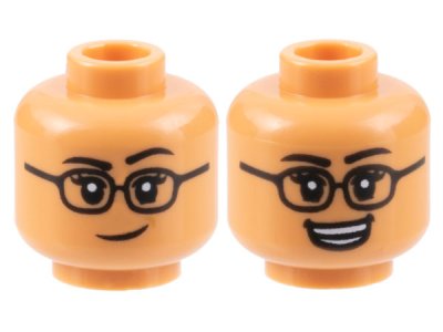 LEGO part Minifigure, Head Dual Sided Female Black Eyebrows and Glasses, Lopsided Grin / Open Mouth Smile Pattern - Hollow Stud (3626pb3173)