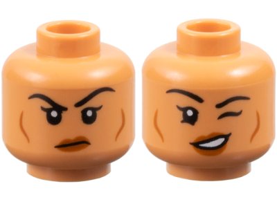 LEGO part Minifigure, Head Dual Sided Female Black Eyebrows, Dark Orange Lips and Cheek Lines, Frown / Lopsided Open Mouth Smile and Wink Pattern - Vented Stud (3626pb3674)