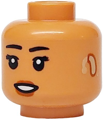 LEGO part Minifigure, Head Female Black Eyebrows and Eyelashes, Dark Orange Lips, Tan Hearing Aid, Open Mouth Smile with Teeth Pattern - Vented Stud (3626pb3723)
