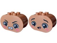 LEGO part Duplo, Brick 2 x 4 x 2 Rounded Ends with Faces with Black Eyebrows, Coral Oval Shaped Cheeks, Open Mouth, Angry / Heart Shaped Cheeks, Smile Pattern 4198pb68