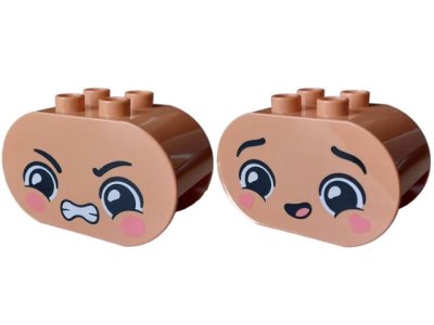 LEGO part Duplo, Brick 2 x 4 x 2 Rounded Ends with Faces with Black Eyebrows, Coral Oval Shaped Cheeks, Open Mouth, Angry / Heart Shaped Cheeks, Smile Pattern (4198pb68)