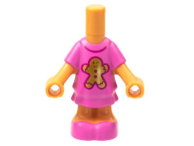 LEGO part Micro Doll, Body with Molded Dark Pink Short Layered Dress and Shoes and Printed Gold Gingerbread Man and Magenta Collar Pattern (69969pb03)