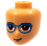 LEGO part Mini Doll, Head Friends with Black Eyebrows, Reddish Brown Eyes, Blue Glasses, Closed Mouth Pattern 80064
