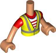 LEGO onderdeel Torso Mini Doll Boy Neon Yellow Safety Vest with Recycling Logo over Red and White Striped Shirt Pattern, Light Nougat Arms with Hands with Red Short Sleeves FTBpb075c01