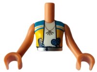 LEGO part Torso Mini Doll Girl Dark Azure and Yellow Vest over White Shirt, Necklace, Scissors and Comb in Silver Belt Pattern, Nougat Arms with Hands FTGpb397c01