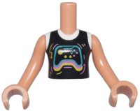 LEGO part Torso Mini Doll Girl Black and White Shirt with Dark Turquoise, Bright Pink, and Yellow Video Game Controller Pattern, Nougat Arms with Hands FTGpb409c01