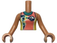 LEGO part Torso Mini Doll Girl Coral, Dark Turquoise, and Yellow Wetsuit with Dolphin / Whale Logo and Triangles Pattern, Nougat Arms with Hands FTGpb433c01