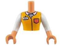 LEGO onderdeel Torso Mini Doll Man Bright Light Orange Shirt, White Collar and Badge, Coral Pocket Pattern, Nougat Arms with Hands with White Long Sleeves FTMpb072c01